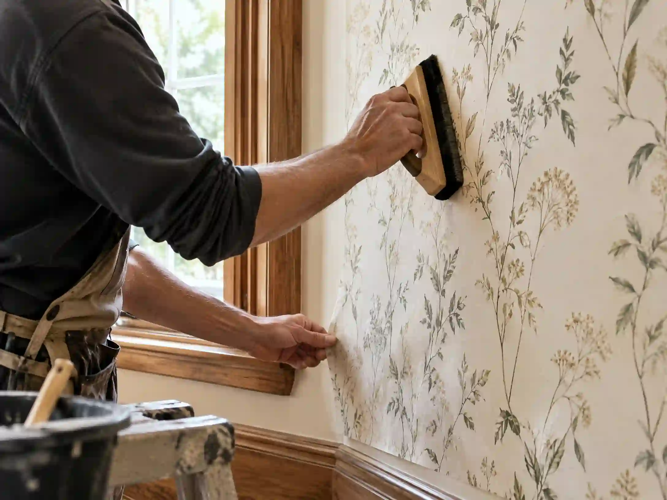 Professional wallpaper installer working on a precise technical interior installation